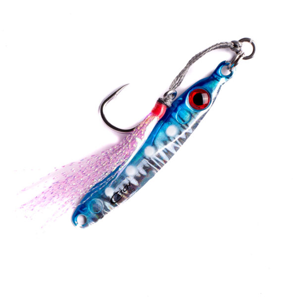 Get ready to elevate your fishing game with the Catch Pocket Rocket Tungsten Micro Jig! This sleek blue and silver marvel is equipped with a striking red and black eye design, razor-sharp hook, vibrant pink tassels, and a crisp white backdrop. It's not just a lure; it's an adventure essential that's guaranteed to become your go-to companion on the water.