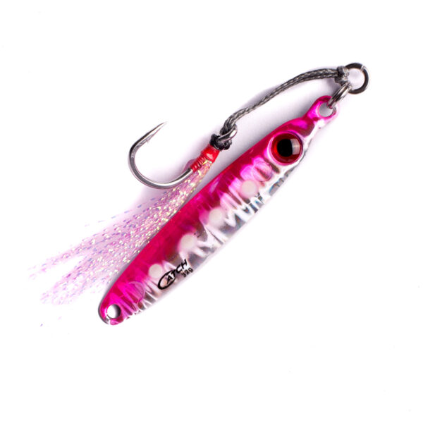 Introducing the Catch Pocket Rocket Tungsten Micro Jig, a lure that's as dazzling as it is deadly. Painted in an eye-catching pink and silver combo, this fishing marvel boasts a razor-sharp metal hook and shimmering reflective material to turn heads below the surface. With its cleverly designed eye-like elements, it's practically irresistible to fish on the prowl. Whether you're a seasoned angler or just starting out, this little beauty from BerleyPro is your ticket to ultimate fishing success!.