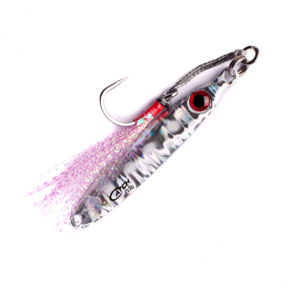 Introducing the Catch Pocket Rocket Tungsten Micro Jig – your ultimate underwater ally! This nifty little powerhouse packs a punch with its sleek metallic body, wickedly curved hook, striking red eye detail, and shimmering holographic skirt strands. Perfect for catch fishing enthusiasts, this jig's cutting-edge design promises to crank up the allure factor and have those fish coming in hot!.