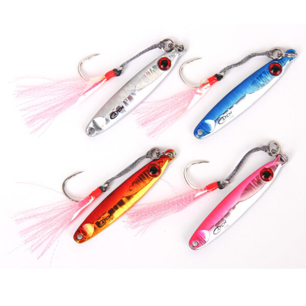 Introducing the Catch Pocket Rocket Tungsten Micro Jigs, available in a dynamic set of four that’s sure to crank up your fishing game. With dazzling hues of silver, blue, orange, and pink, these jigs don't just catch light—they catch attention. Laid out against a clean white backdrop, each jig showcases superbly designed hooks and pink tassels that are perfect for grabbing the attention of both fish and anglers alike. Get ready to experience precision craftsmanship that ensures you’re not just casting your line—you’re casting magic!.