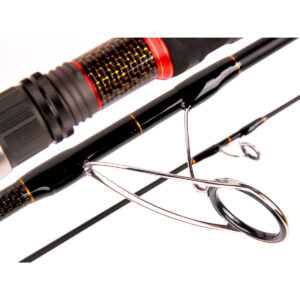 Check out this up-close look at the Catch Pro Series 3-Piece Top Water Xtreme Rod! Its sleek black design is perfectly accented with striking silver guides and bold red accents that really make it pop. The handle and reel seat area? Pure craftsmanship.