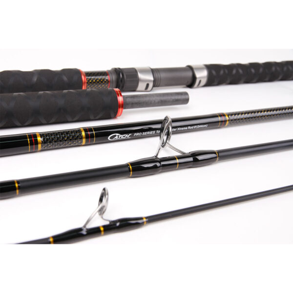 Introducing the Catch Pro Series 5-Piece Top Water Xtreme Rods, designed for those who demand performance and flair. These rods come equipped with sleek black grips and metal guides, but it's the bold red and yellow accents near the handle that really catch the eye. Perfectly engineered for top-water fishing adventures, these rods don't just deliver—they make a statement.