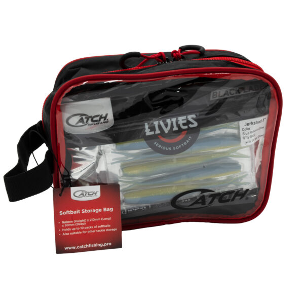 Introducing the Catch Softbait Storage Bag—where functionality meets style! This slick, transparent design flaunts a bold red zipper, ensuring all your favorite soft baits stay snug and secure. With a sturdy black handle on the side, it’s all about ease of use whether you're on the boat or at the bank. Plus, that handy tag hanging from the zipper? All your product info right at your fingertips. Perfect for those who like to keep their gear organized and ready for action!.