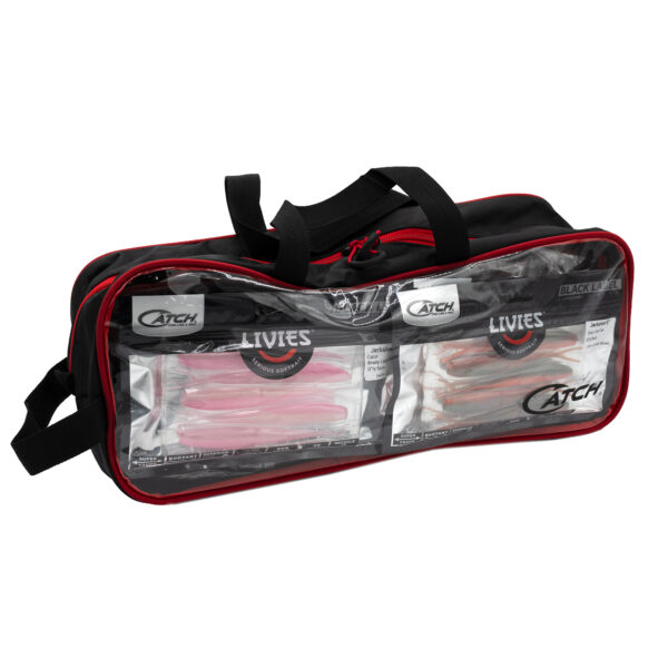 Introducing the Catch Softbait Storage Bag: a sleek, black and red tackle bag built for the savvy angler. Featuring a transparent front panel, this bag ensures your packaged lures are on full display while 'Catch' is prominently exhibited with style and elegance. Perfect for those who want their gear to look as good as it performs!.
