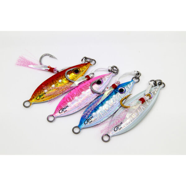 On a crisp white backdrop, four eye-popping "Catch The Boss" jigs line up, flaunting vibrant shades of red, pink, blue, and silver. Each jig comes equipped with hooks and eyelets that practically shout "come get me," making them irresistible to any angler looking to reel in the big ones.