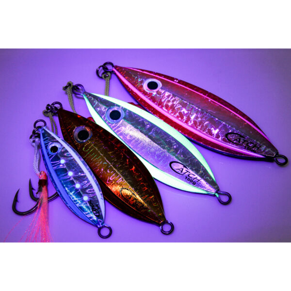 Picture this: A vibrant purple canvas showcasing a collection of eye-catching, colorful fishing lures. At the center of it all is the showstopper – the "Catch The Boss Jig." It's not just a lure; it's your ticket to elevating your next big catch game. Dive into the art of angling with this masterpiece!.