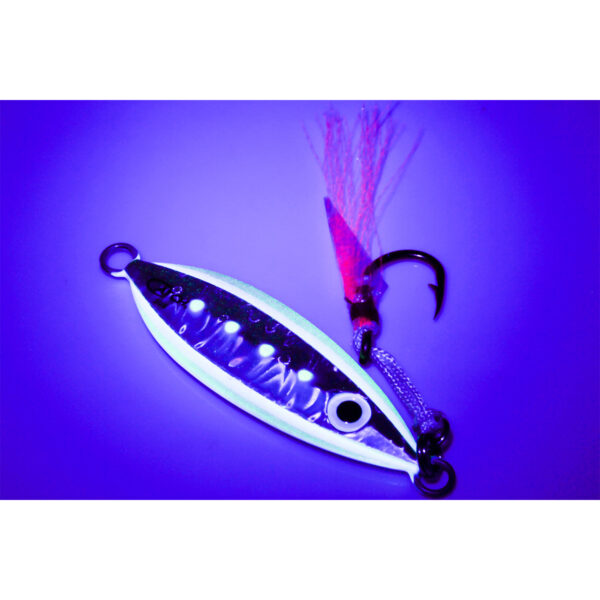 Introducing The Catch The Boss Jig: Imagine a metallic fishing lure so expertly crafted it becomes your ultimate companion on the water. With dual hooks and a striking red feather highlight, this jig doesn't just catch fish – it demands their attention. Its design glistens majestically under purple lighting, transforming every cast into an irresistible invitation for aquatic action. Get ready to elevate your fishing game with the perfect blend of form and function!.