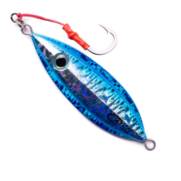 Introducing the Catch The Boss Jig! This beauty flaunts a sleek blue and silver design, perfect for serious anglers. With its single hook, vibrant red cord, and the signature "Catch The Boss" logo with number 1685, it's not just gear—it's a statement. Get ready to turn heads on the water!.