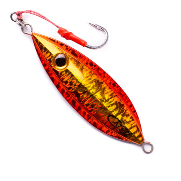 Introducing the Catch The Boss Jig, mate! This one's a real beauty, decked out in vibrant orange and yellow that'll catch any fish's eye. With its sleek shiny finish and sturdy large single hook tied securely with a bold red string, it's just the ticket for landing your next big one. Get ready to reel in success on your next fishing adventure!.