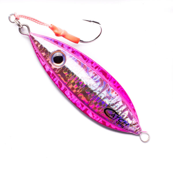 Introducing the "Catch The Boss Jig" – a sharp, eye-catching fishing lure that's bound to reel 'em in! Dressed in striking pink and silver metallic hues, this jig shines with a reflective design that dares any fish to resist. With its single hook ready for action, it's all showcased against a bold white backdrop. Get ready to command the water like a boss with this standout lure from BerleyPro!.