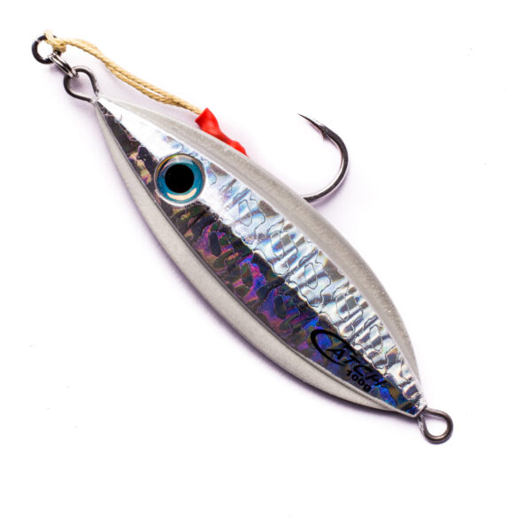 Get ready for the ultimate fishing adventure with The Catch The Boss Jig! This slick, silver metallic lure is your new best friend on the water. It's decked out with an eye-catching iridescent scale pattern and a large, realistic eye design that'll have fish biting in no time. Plus, we've ruggedly secured a single sharp hook at the top with sturdy rope, ensuring you're always geared up for that next monster catch. Can't wait to see what you'll reel in!.