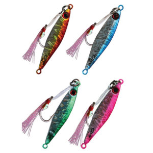 Check it out, anglers! The Catch The Dominator Micro Jig lures are popping with hooks and tassels in electric green, fiery red, playful pink, and bold blue. Against a crisp white backdrop, these jigs are all about making a splash on the water!.