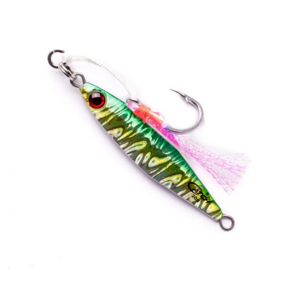 Meet The Catch - The Dominator Micro Jig, where finesse meets ferocity! This electrifying lure sports a dazzling green and silver patterned metal body that'll glint like a beacon beneath the water's surface. Armed with a razor-sharp single barbed hook, it's ready to snare your next big catch. And let's not forget those eye-catching pink decorative strands that add an extra splash of allure, ensuring this jig dominates every fishing adventure. Get ready to transform every cast into an exhilarating experience!.