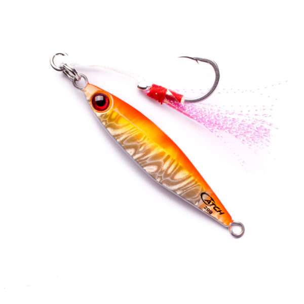 Introducing the Dominator Micro Jig, your new secret weapon from BerleyPro! This sleek metallic lure features a striking orange and silver body with piercing red-tipped eyes that scream "bite me!" Designed for the serious angler, it comes equipped with a razor-sharp single hook secured by vibrant red thread and accented with lively pink strands. Boost your catch rate and dominate the waters like never before!.