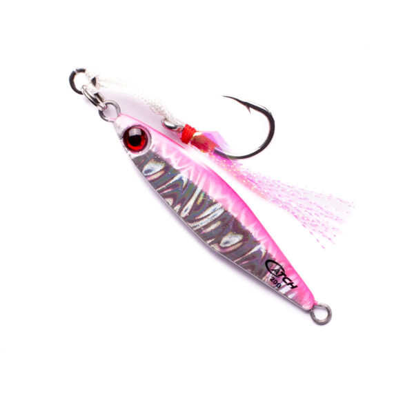 Reel in your next epic catch with the Catch The Dominator Micro Jig! Dressed to impress in vibrant pink and silver, this lure flaunts a shiny, reflective surface that'll grab the attention of any fish in the vicinity. With its striking red eye detail and expertly crafted single hook, it's designed for those serious about success on their fishing adventures. Don't just fish—dominate!.