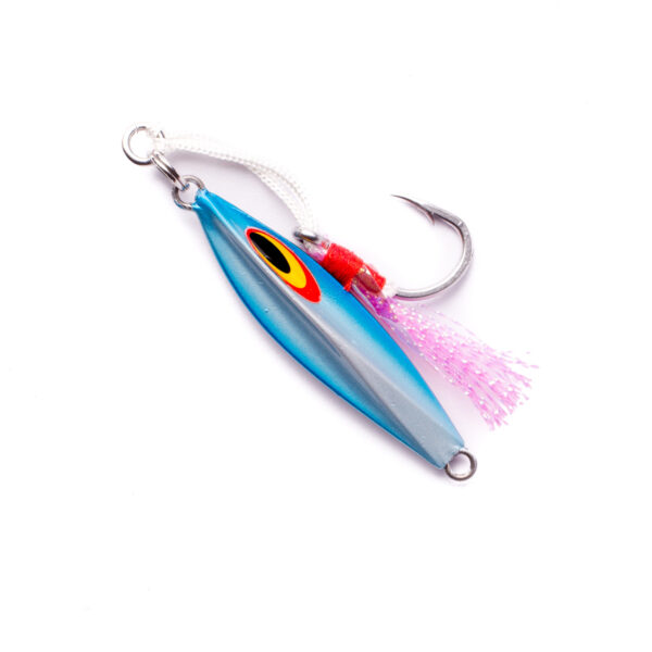 Meet the Catch The Enticer Micro Jig—your new secret weapon on the water! This bad boy flaunts a slick blue and silver finish, accented with a bold red and yellow eye that's impossible to resist. The razor-sharp single hook comes decked out with vibrant pink tassels, perfectly crafted to lure in those fish with ease. Give it a cast and watch the magic happen!.