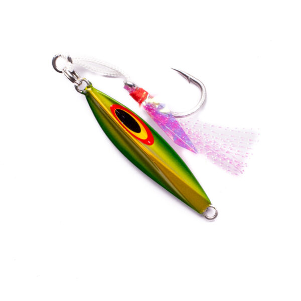 Introducing The Catch The Enticer Micro Jig, where innovation meets vibrant allure. This bad boy sports a striking green and yellow metallic body that'll light up the underwater world. With a red eye design that dares any fish to look away, and a razor-sharp silver hook adorned with enticing white feathers and playful pink accents, it's crafted for irresistible temptation. Get ready to redefine your fishing game!.