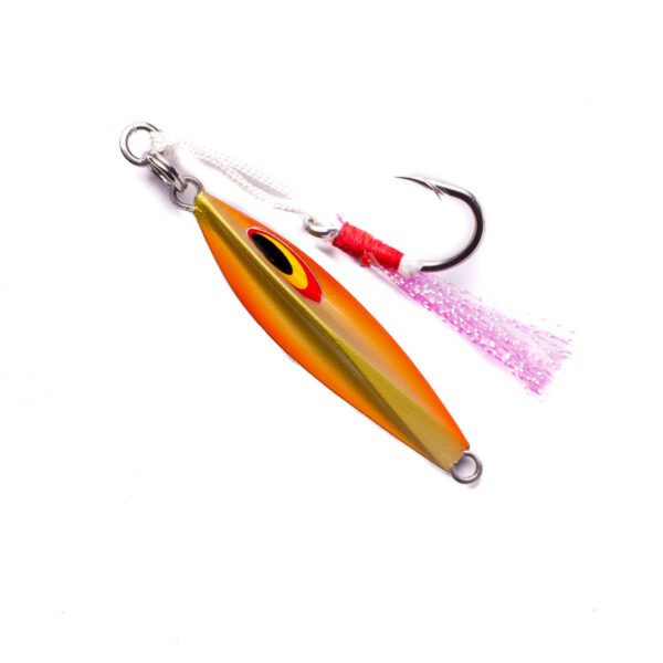 Zoom in and feast your eyes on the Enticer Micro Jig! This little beast is all decked out in radiant gold and fiery orange, paired with a sturdy metal hook and topped off with a vibrant pink tassel. Set against a crisp white backdrop, this lure is ready to dazzle both fish and fishermen alike!.