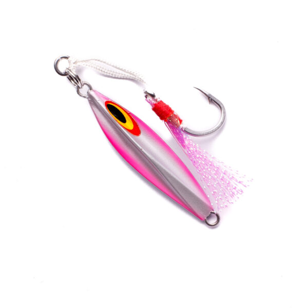 Introducing the Catch The Enticer Micro Jig! This little beauty is all set to elevate your fishing game. With its sleek silver and pink body, it’s a real eye-catcher. Speaking of eyes, check out that striking black and yellow eye pattern—temptation on a lure! It's armed with a sharp hook adorned with a pink fringe, ready to snag your next big catch. Get ready to reel them in like never before!.