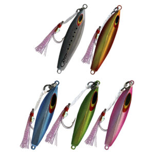 Check out this eye-catching lineup of lures that are sure to get the fish biting! We've got five vibrant fishing lures, each decked out with hooks and tassels. Front and center is our pride and joy—the Catch The Enticer Micro Jig, all arranged in a neat semi-circle. Get ready to reel in your next big catch!.