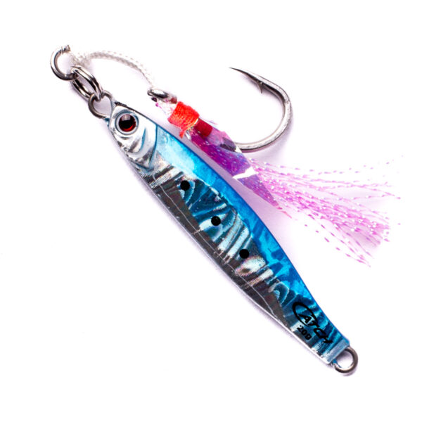 Hey there, fishing enthusiasts! Feast your eyes on the dazzling Catch The Exhilarator Micro Jig, now making waves at BerleyPro! This little beauty comes dressed to impress in sleek metallic blue and shimmering silver. With its hook flaunting vibrant purple and pink tassels, it's crafted to tempt the trickiest of underwater challengers. Get ready for an electrifying fishing adventure you won't forget!.