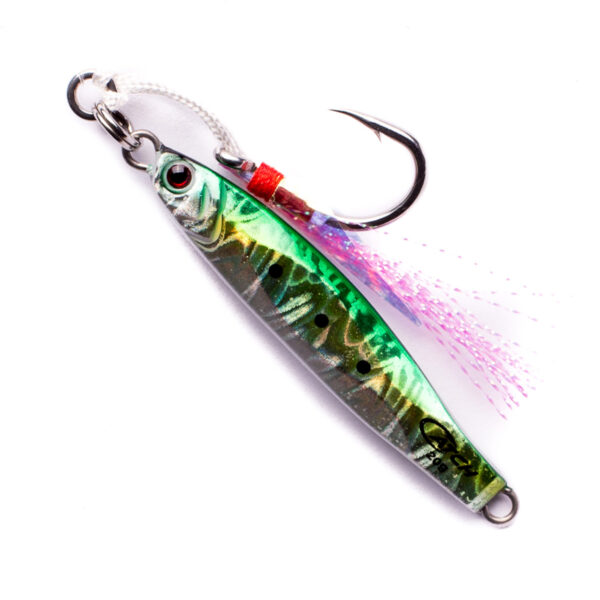 Introducing the Catch The Exhilarator Micro Jig—it's pure eye candy for fish! Decked out in a dazzling green body, this jig is a real showstopper. With its metallic hook and fun, flirty pink tassels set against a sleek white backdrop, it's got the style—and the skills—to reel in your next big catch!.