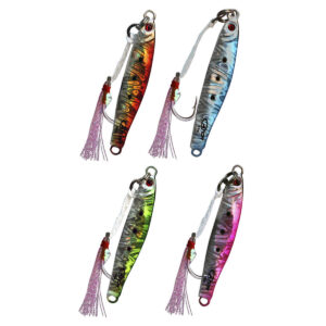 Reel in the excitement with The Catch's Exhilarator Micro Jig set! This dynamite collection features four eye-popping lures decked out in tassels and razor-sharp hooks with blazing patterns of orange, blue, green, and pink. Masterfully crafted for precision, these jigs take your fishing escapades to the next level. Get ready to amplify your catch and inject some serious thrill into every cast!.