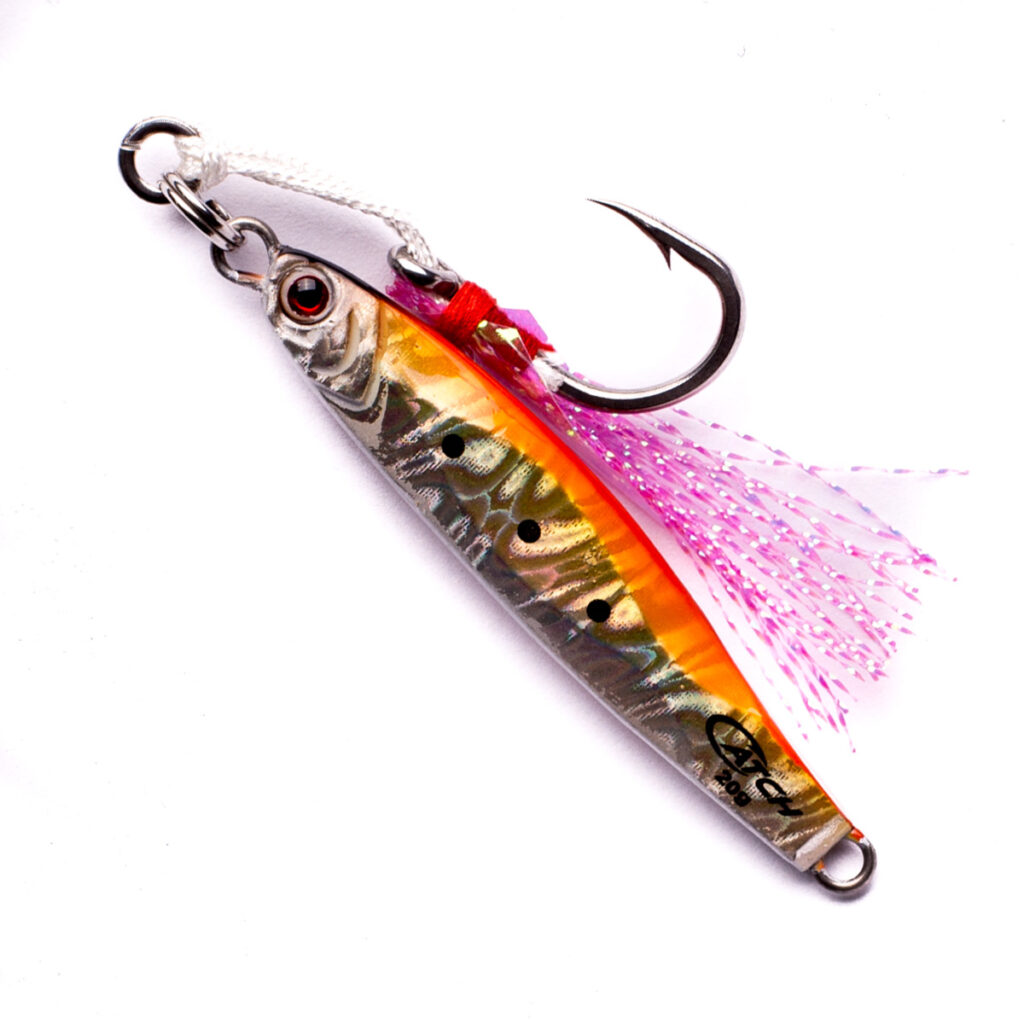 Introducing the Catch The Exhilarator Micro Jig—where precision meets pandemonium in the water. Dive into the thrill with this metallic marvel, featuring a striking striped pattern that dares any fish to resist. With its playful pink fringe and meticulously crafted red thread detailing near the hook, this lure isn't just irresistible; it's downright legendary. Get ready for excitement at every cast with BerleyPro's latest innovation!.