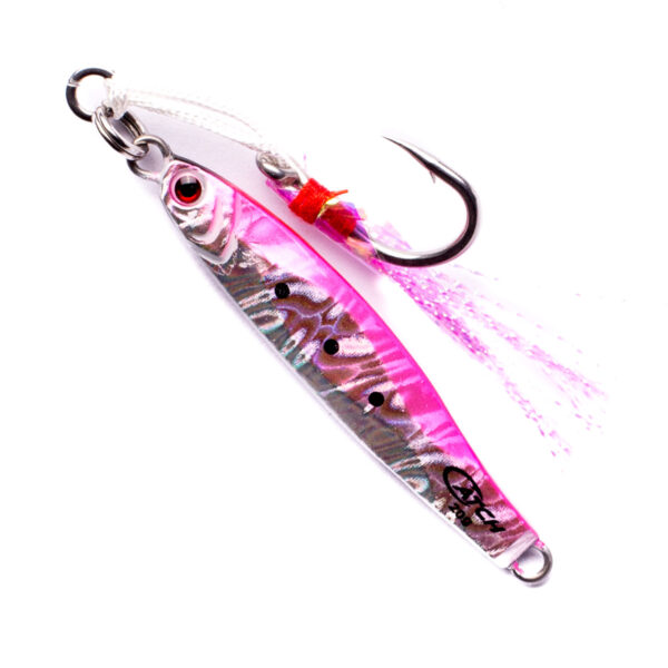 The Catch The Exhilarator Micro Jig is a game-changer, sporting a vibrant metallic pink body that's sure to dazzle. With its treble hook and feather-like tail, it's crafted for those exhilarating fishing moments when you want to keep the thrill alive on your next adventure!.