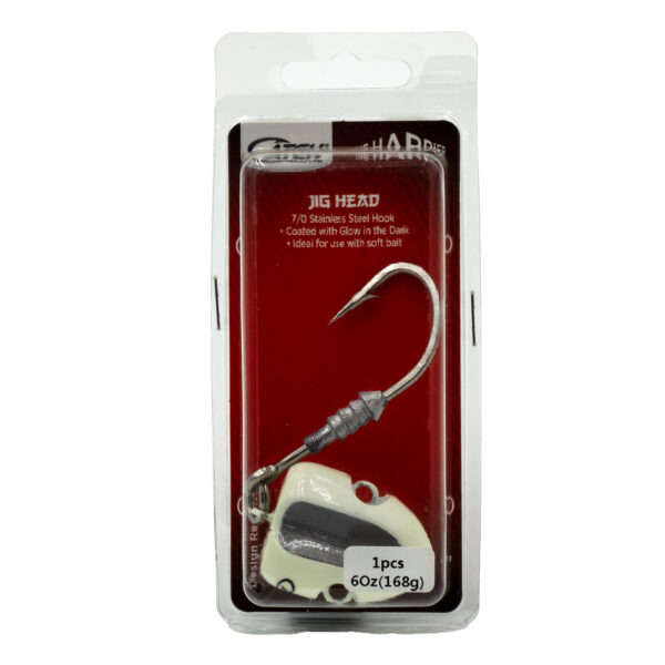 Unbox the Catch The Harrier Elevator Jig Heads and get ready to elevate your fishing game! These glow-in-the-dark beauties feature a robust 7/0 stainless steel design, weighing in at 6oz (168g), perfectly crafted to pair with soft baits for enhanced catch success. Get hooked on quality with gear that's built to perform!.