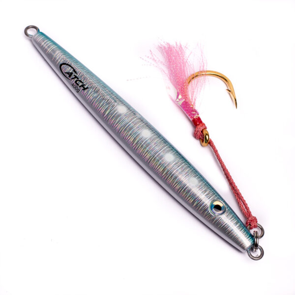 Meet the Catch The Joker Longfall Jig – where playful meets powerful. This lure is decked out with a holographic pattern that gleams like a mischievous grin, a sharp gold hook ready to rock the water, and pink feather details that add just the right amount of flair. Its pristine white body proudly displays its branding logo, making sure you know it's got the Joker's cheeky spirit woven into every inch. Perfect for those who like their fishing game as fun as it is serious.