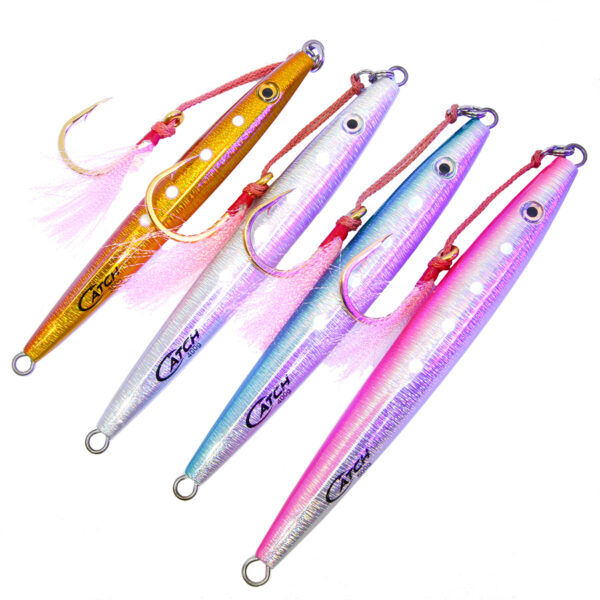 Check out these four lively fishing lures—gold, silver, blue, and pink—and each of 'em packs a punch with a single hook and feather accents. The Catch The Joker Longfall Jig is where the magic's at! This little beauty dazzles with its brilliant colors, crafted to lure in any fish with its playful allure. Ready to up your game on the water? This one's your trusty companion!.