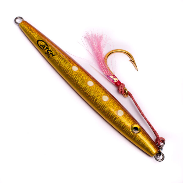 Introducing the Catch The Joker Longfall Jig – a masterpiece for anglers! This eye-catching lure dazzles with its brilliant gold and yellow finish, accentuated by striking white dots. To top it off, it boasts a vibrant pink-feathered barbed hook, perfectly secured with bold red thread. Unlock your fishing prowess and be ready to strike with this ultimate piece from Catch!.