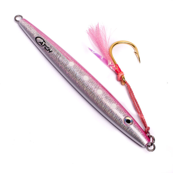 Introducing the Catch The Joker Longfall Jig, a game-changer for anglers who crave adventure and results. Gleaming in a metallic silver with striking pink accents and a dotted pattern that screams uniqueness, this lure is more than just eye candy—it's your secret weapon. And let's not forget about the hook, dressed to impress with vibrant pink and orange fibers that fish simply can't resist. Elevate your fishing game with this irresistible piece of gear!.
