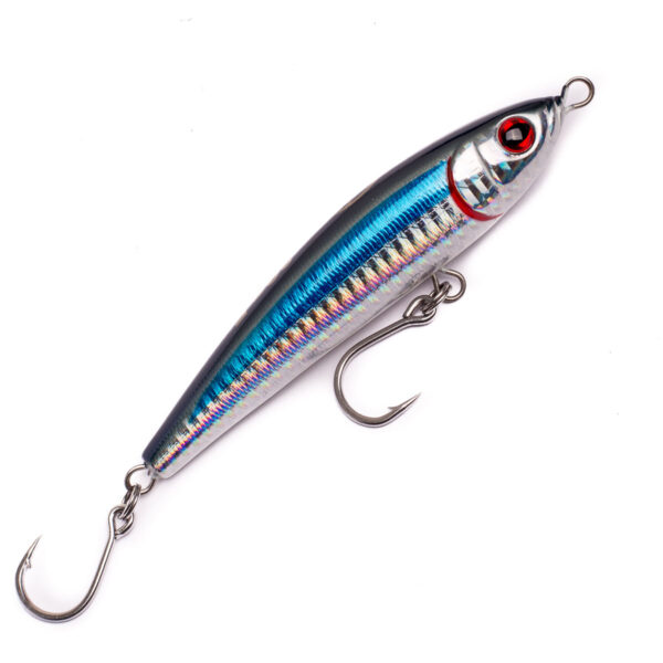 Check out the Catch Zingaz Stickbait in its vibrant blue and silver glory, expertly crafted with two razor-sharp hooks at each end. Set against a crisp white backdrop, this lure is designed to captivate both fish and anglers alike.