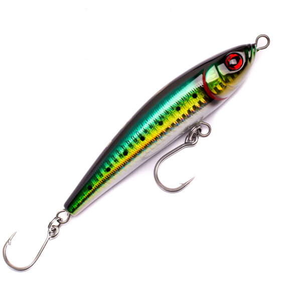 Say g'day to the Catch Zingaz Stickbait! This little beauty is a real eye-catcher, sporting a shiny, multicolored vibe that's bound to lure in the big ones. It flaunts a vibrant green-to-yellow gradient with striking red eye detail that screams "come and get me!" Plus, with its sleek metallic finish and those two trusty hooks, you're all set for an epic day on the water.