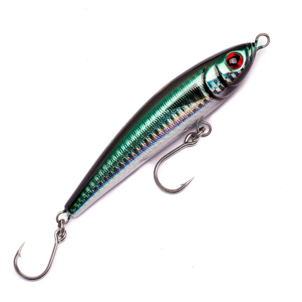 Meet the Catch Zingaz Stickbait, a gleaming masterpiece of angling art straight from the depths of awesome! This lure comes dressed to impress in a stunning green and silver attire, sparkling like the ocean's finest disco ball. Equipped with not one, but two razor-sharp hooks, it's ready to reel in your next big catch. And let’s not forget its signature look—a bold red eye detail that screams, "Game on!" Whether you're out for fun or on a serious mission to land your personal best, this stickbait is ready to rock your fishing world!.