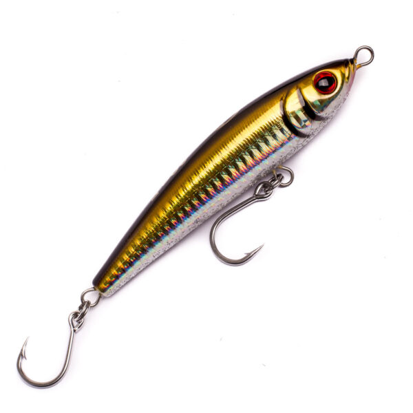 Get ready to amp up your fishing game with the Catch Zingaz Stickbait from BerleyPro! This shiny, fish-shaped wonder is all set to entice those underwater predators with its gold body and striking red eyes. Equipped with two sharp hooks, this beauty is perfectly designed to ensure that your next big catch is just a cast away. All this comes perfectly isolated on a crisp white background, making it the ideal addition to any tackle box. Snag one today and watch as the fish practically land themselves!.