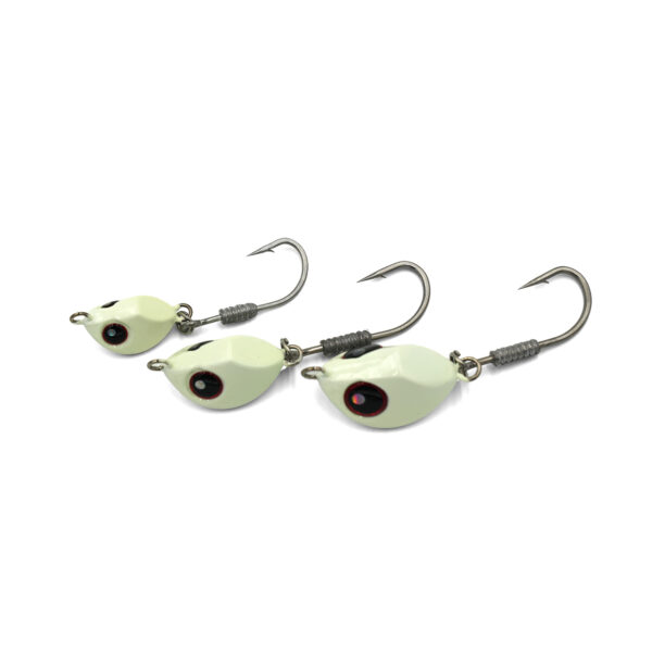 Introducing the Catch Tenya Elevator Jig Head, crafted in a sleek white design with striking black and red eyes. Elevate your fishing game with this perfect addition to your tackle box, promising to enhance every cast on your next adventure.
