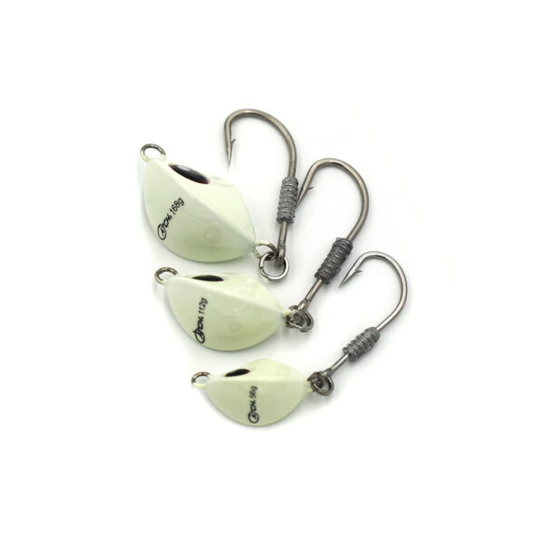 Introducing the Catch Tenya Elevator Jig Head: a true game-changer for anglers who appreciate both form and function. Picture this - three robust metal fishing hooks, each adorned with white, teardrop-shaped weights, all perfectly aligned in a staggered formation. It’s not just about catching fish; it’s about doing it with style and precision!.