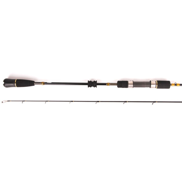 Check out the Catch Kensai Pro Series Slow Pitch Jigging Rod! This sleek two-piece black beauty with its segmented handle and line rings is the ultimate choice for any angler chasing precision. Get ready to elevate your fishing game to a whole new level.