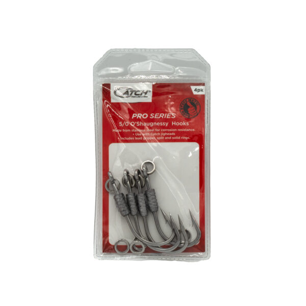 Check out the Catch Pro Series O'Shaughnessy Jig Head Hooks, smartly packed in a clear plastic package with a bold red label that just screams quality. You’re getting four robust 5/0 treble hooks in here, designed for strength and resilience to make sure you're always landing your best catch with every cast.
