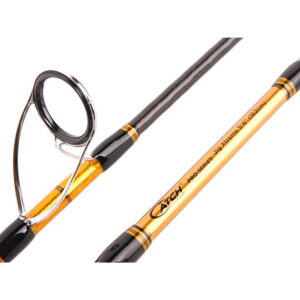 Get ready to dive into the details with the Catch Pro Series Jigging Xtreme Rod! This beauty boasts a sleek gold shaft accented by striking black details. Its precision-designed looped guide, coupled with that bold "Catch Pro Series" text, screams quality and performance. Fish beware—this rod means business!.