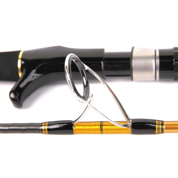 Get ready to feast your eyes on the stunning craftsmanship of the Catch Pro Series Jigging Xtreme Rod! Zoom in and take a closer look at that sleek black handle, jazzed up with metallic accents that scream premium quality. The real showstopper? Those eye-catching metallic gold details running along the rod itself. This is Jigging Xtreme at its finest—precision engineering meets dazzling design!.